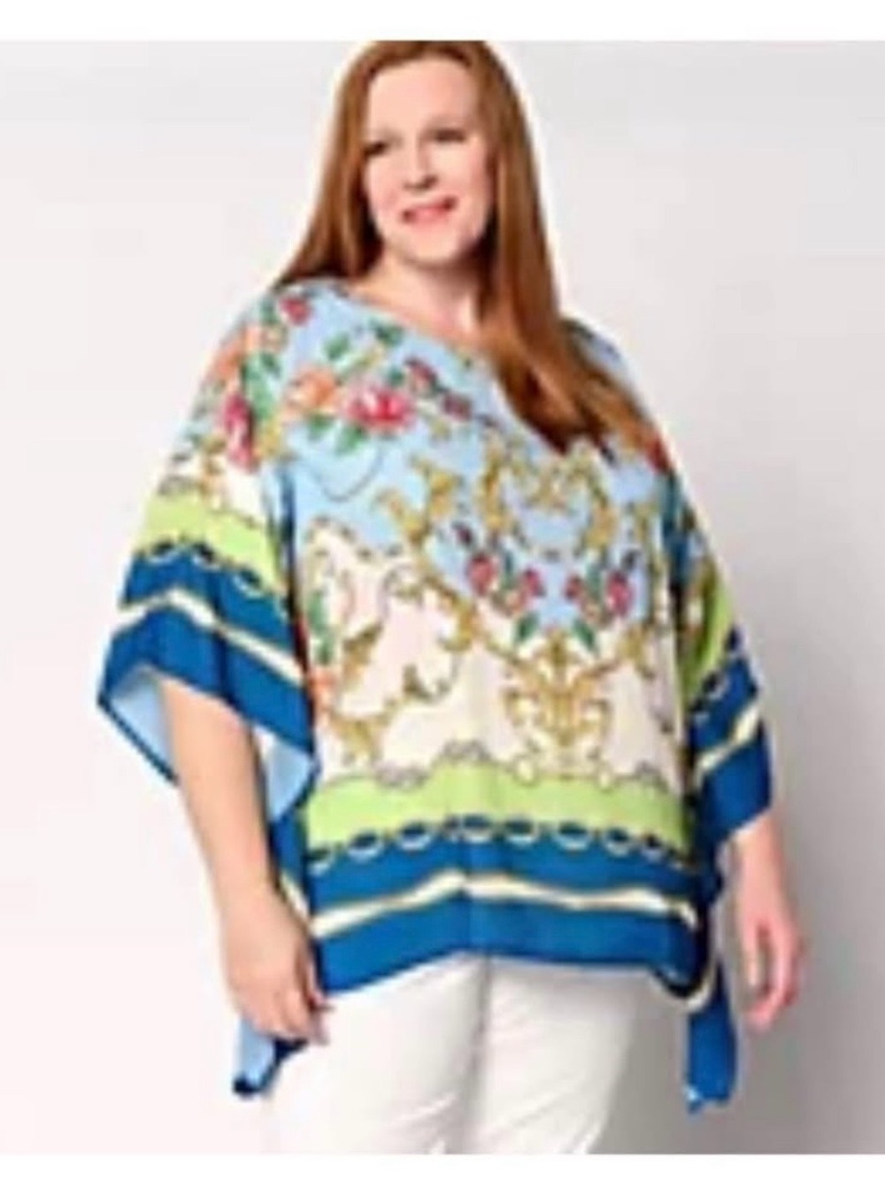 Belle by Kim Gravel Blue, Green and White Floral Poncho Tunic set of 2 tops